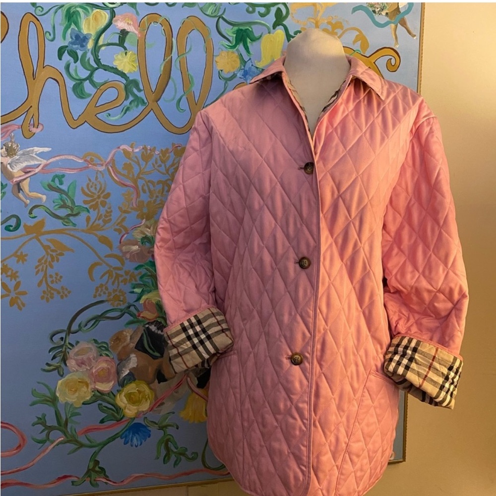 Burberry Pink Quilted Jacket Nova Check Lining Women’s Large - Picture 3 of 9